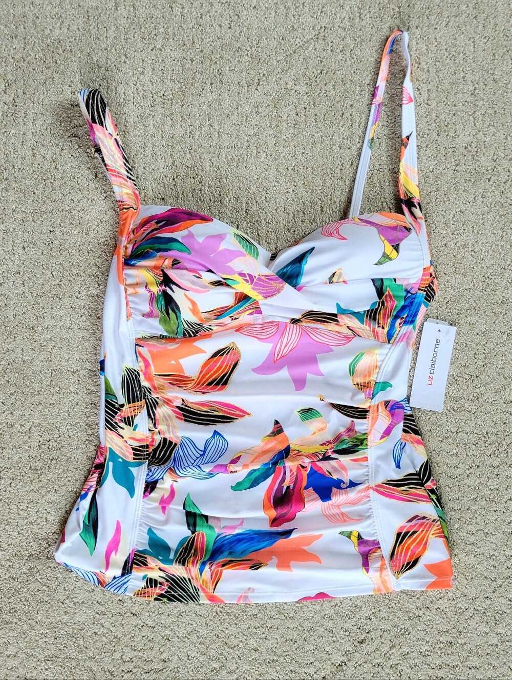 Liz Claiborne Tankini Swim Top Plus Size 14 White Coral Tropical Floral Print